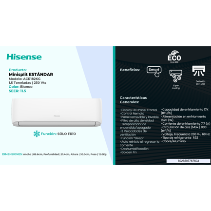 Minisplit Hisense ACR182KG Estándar 17000 BTU Solo Frío 220V R32