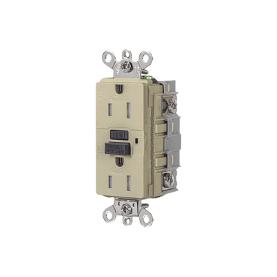 Contacto de Auto-verificación GFCI de 15 A 125 V 2 Polos/  Resistente a Manipulaciones y Intemperie / Color Marfil / Nema 5-15R / Grado Industrial.