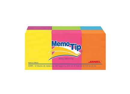 JANEL NEON STICKY NOTES 1.5"X2" 12 PADS 100 SHEETS EACH