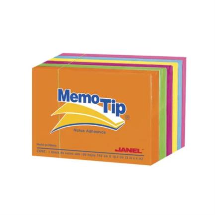Janel Memo Tip Neon Sticky Notes 3"x4" (7.62cm x 10.16cm) Assorted Colors, 6 Blocks per Pack with 100 Sheets each.
