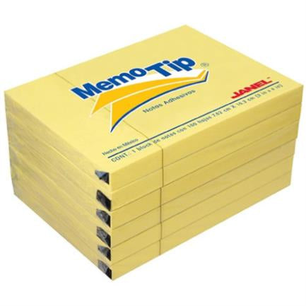 Janel Memo Tip 3x4" Yellow Sticky Notes, 6 Blocks of 100 Sheets Each