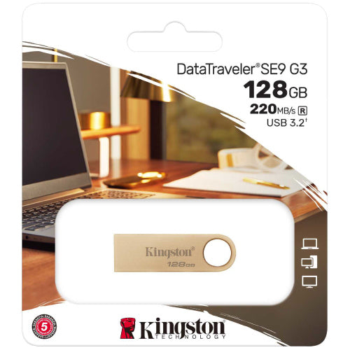 Kingston DataTraveler SE9 G3 128GB USB 3.2 220MB/s Read Speed Gold USB Flash Drive