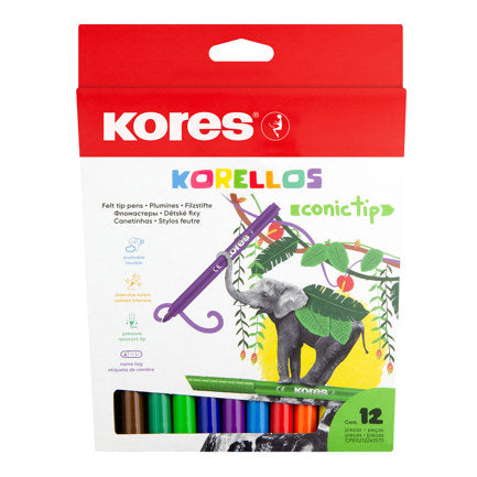Kores Korello Washable Conical Tip Markers, Assorted Colors, Pack of 12