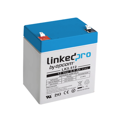 Batería de respaldo 12 V  |  5.5 Ah  |  AGM | Especial para Seguridad Electrónica | Vida útil 5 años | Terminales F1  + Adaptador F2