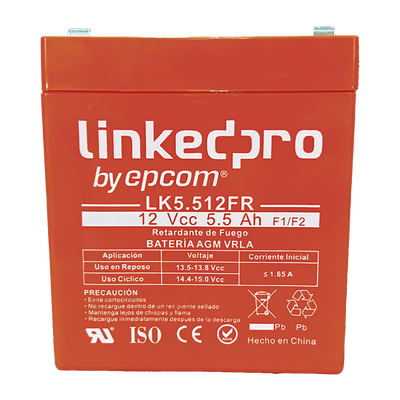 Batería de respaldo 12 V |  5.5 Ah |  AGM  | Certificada UL94-V0 Retardante a la Flama  | Especial para Seguridad Electrónica | Vida útil 5 años | Terminales F1  + Adaptador F2