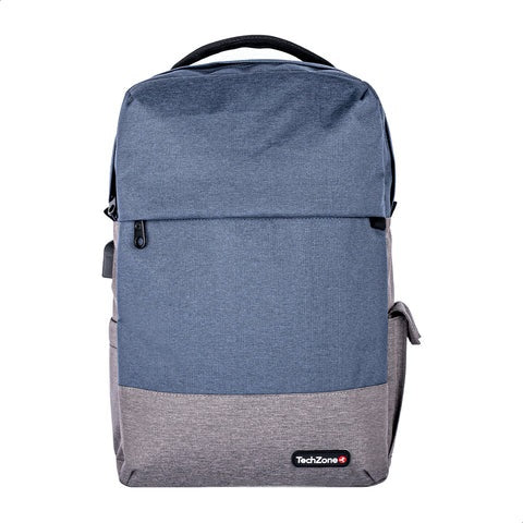 Mochila TechZone Strong Azul Oscuro Porta Laptop 15.6" Conector USB Externo Cierres Metalicos Autorrepar