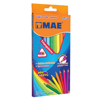 Mae CMT-12L Long Triangular Colored Pencils with Lead, Pack of 12