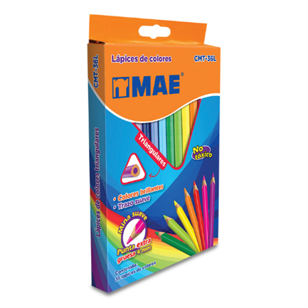 Mae CMT-36L Long Triangular Colored Pencils Box with 36 Pieces