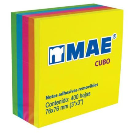 Mae Neon Sticky Notes Cube 3x3" 5 Colors W/400 Sheets