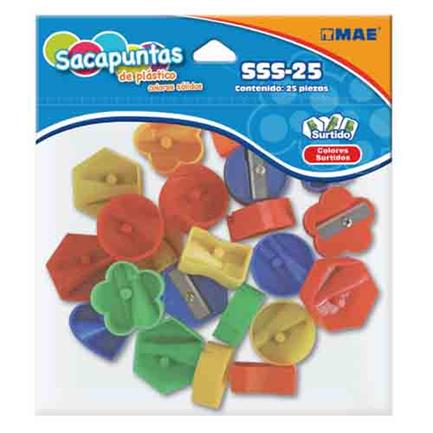 MAE PLASTIC PENCIL SHARPENERS ASSORTED SHAPES 25 PC