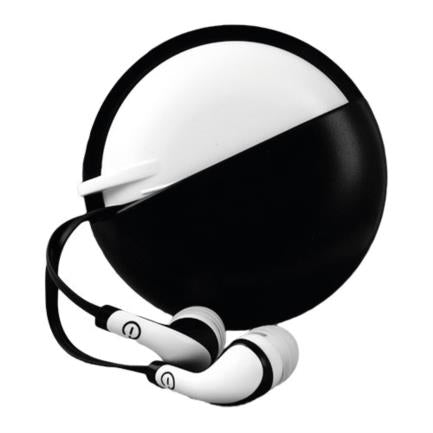 PERFECT CHOICE IN-EAR TRAVEL HEADPHONES W/MICROPHONE BLACK AND WHITE