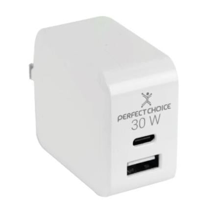 Perfect Choice 30W Fast Charging USB C+A Ports Power Adapter White