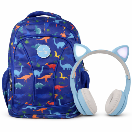 Perfect Choice Brooklyn Dinosaur Backpack and Catto Headphones Blue Kit