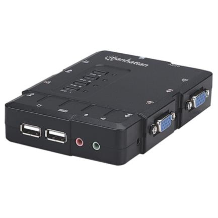 Manhattan Compact 4-Port Desktop KVM Switch USB 4:1 Cables+Audio Black