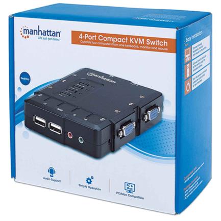 Manhattan Compact 4-Port Desktop KVM Switch USB 4:1 Cables+Audio Black