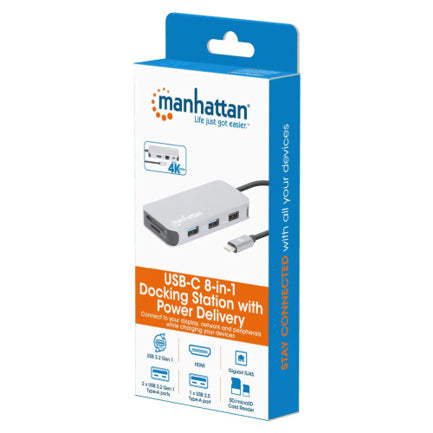 Manhattan USB-C Docking 8-in-1 HDMI USB-C PD/2xUSBv3.2/USBv2.0 RED SD/Micro SDD