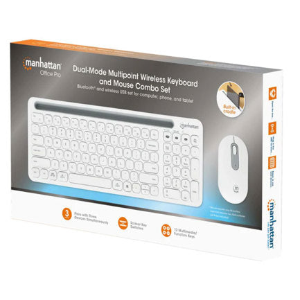 Manhattan 2.4G and Bluetooth White Wireless Optical Keyboard and Mouse Combo Scissor-Switch Keys