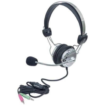 Manhattan Stereo Headphones with Flexible Metallic Extension Microphone, Black-Silver