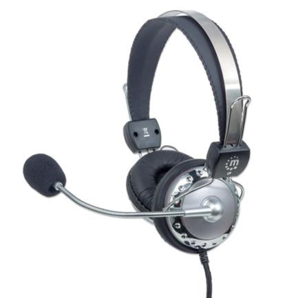 Manhattan Stereo Headphones with Flexible Metallic Extension Microphone, Black-Silver