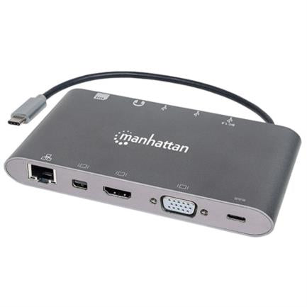 Manhattan USB-C to HDMI/DPmini/SVGA/RJ45/3.5mm Super Speed Gray Docking Station
