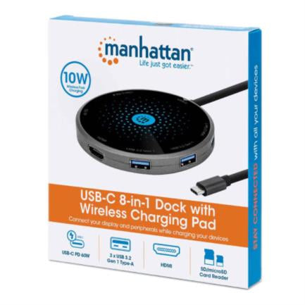 Manhattan USB-C to HDMI USB-C PD 3xUSB-A Card Reader Dock with Wireless Charging Stand