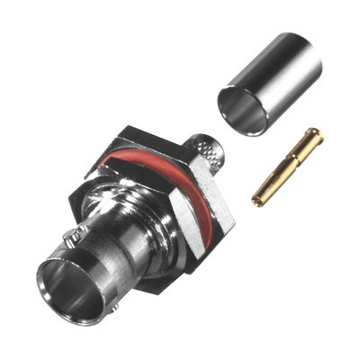 Conector BNC Hembra para Chasis en D-Plano con Aro de Goma, Anillo Plegable para RG-59/U, Grupo D, 75 Ohm, Níquel/ Oro/ Delrin