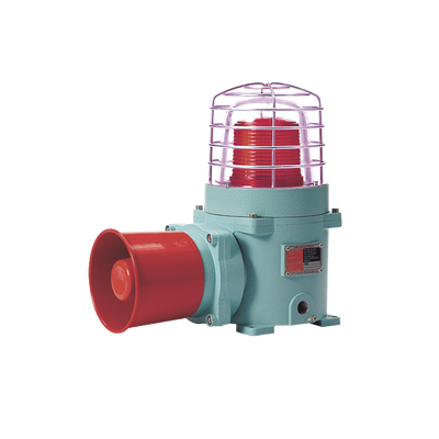 Combinación de baliza LED color Rojo con patrón fijo y flasheante con sirena electrónica, volumen máx. 120 dB para zonas peligrosas a 120 VCA