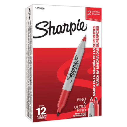 MARCADOR PERMANENTE SHARPIE TWIN DOBLE PUNTA FINO / ULTRA FINO ROJO C/12