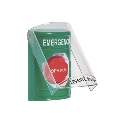 Botón Multipropósito, Color Verde, De Superficie, Con Tapa De Policarbonato, Con Bocina Pre Alarma, Solo Interior, Llave Para Restablecer, Texto De Emergencia, Español