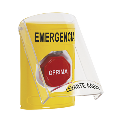 Botón Multipropósito, Color Amarillo, De Superficie, Con Tapa De Policarbonato, Con Bocina Pre Alarma, Solo Interior, Llave Para Restablecer, Texto De Emergencia, Español