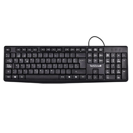 Teclado Alambrico Techzone Basico Negro de ABS 105 Teclas QWERTY Longitud de Cable de 1.35m Indicadores Numerico