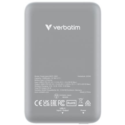 Verbatim Charge and Go Power Bank 10000mAh Magnetic Wireless Charger Grey