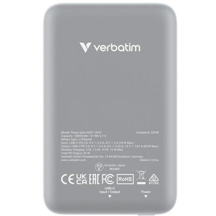 Verbatim Charge and Go Magnetic Wireless Power Bank 10000 mAh Gray