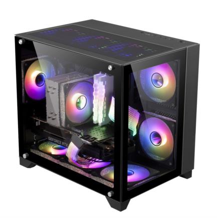 Game Factor CSG570 mATX Fishtank Case Dual Tempered Glass USB 2.0/3.0 120mm Black