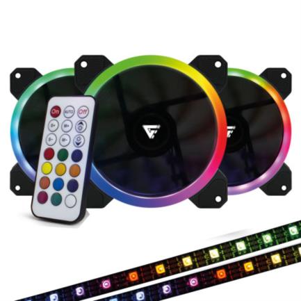 Game Factor FKG400 Fan Kit, 3 x 12mm RGB Fans, 2 LED Strips, Remote Control