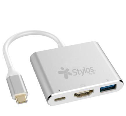 Hub 3 en 1 Stylos USB C a HDMI + USB 3.0 + USB C con Caja Gris