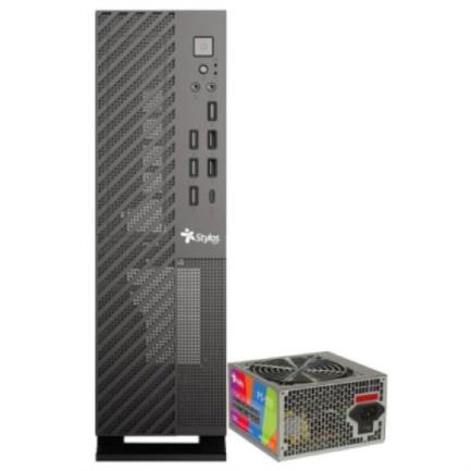 Gabinete Oficina Mince Slim ITX Stylos 4xUSB 2.0 2xUSB 3.0 1xTipo C Puerto 3.5mm con Fuente de Poder 550W
