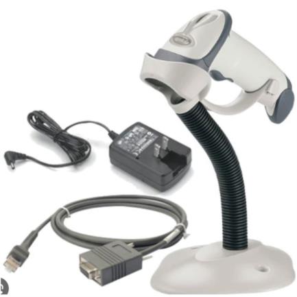 Zebra LS2208 1D Laser Corded Scanner with Serial RS232 / DB9 (CBA-R01-S07PBR) Power Supply (PWR-WUA5V4W0US) Stand (20-61019-01R) HC/White