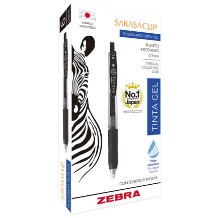 Zebra Sarasa Clip Retractable Rollerball Pen, 0.7mm Medium Point, Blue Gel Ink, Box of 6
