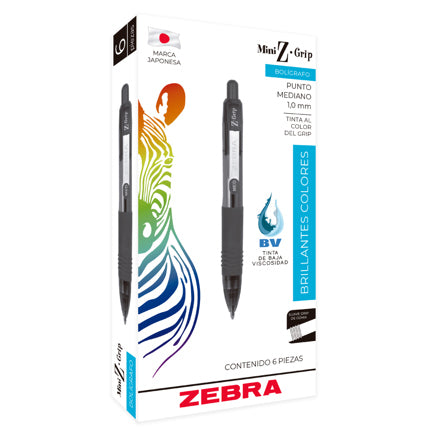 Zebra Mini Z-Grip Retractable Ballpoint Pen, Medium Point 1.0mm, Black, Pack of 6
