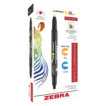 Zebra Jroller HL Double-ended Highlighter, Blue, Box of 6