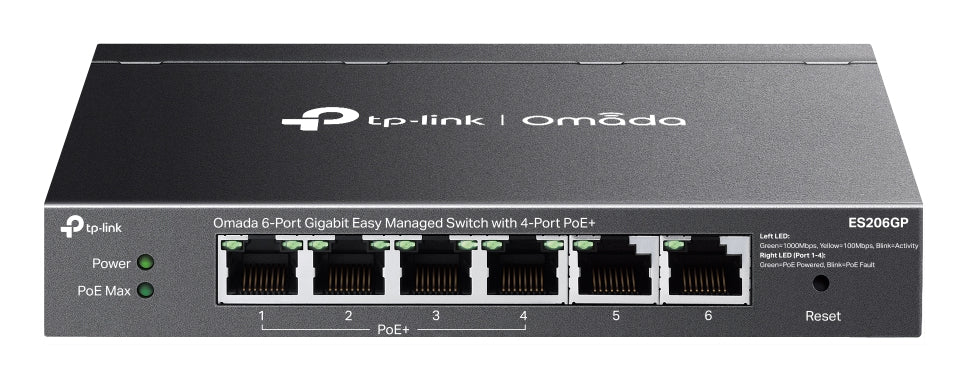 Switch Omada 6 Puertos Gigabit / 4 Puertos PoE+ 65W / Gestión Cloud SDN / Sin Ventiladores / QoS / VLAN / IGMP Snooping / 250 m PoE