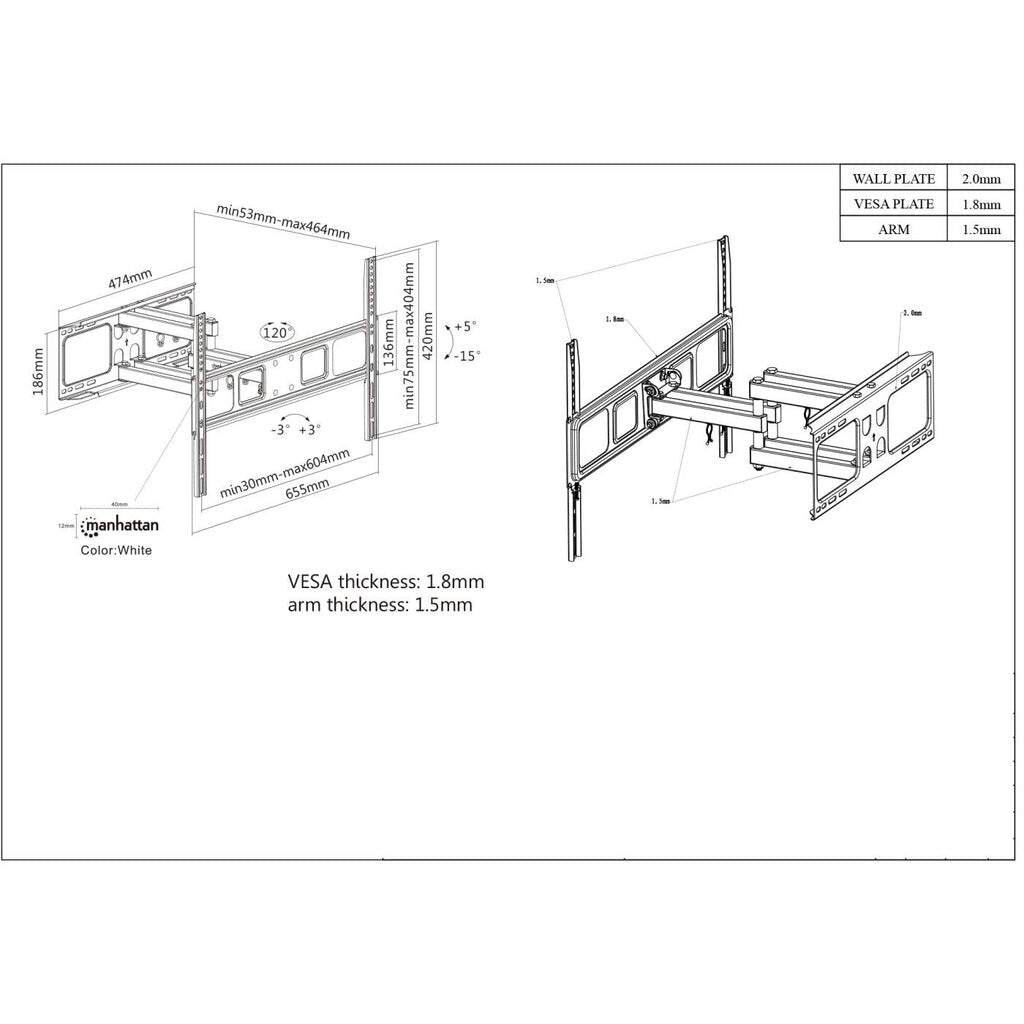 Manhattan Soporte Universal de Pared para TV, con Movimiento Completo, Básico