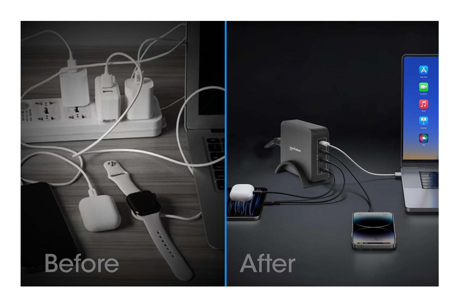 Manhattan Cuatro puertos USB-C PD con hasta 140 W por puerto, 240 W de salida total, Power Delivery 3.1, negro