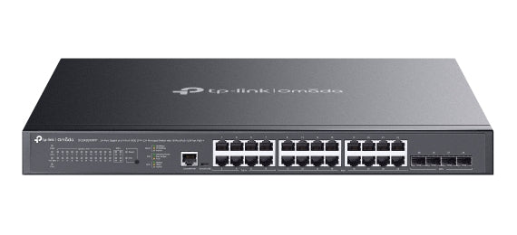 Switch L2+ Gestionado Omada / 24 Puertos Gigabit RJ45 + 4 Puertos 10G SFP+ / 16 Puertos PoE+ (30W) + 8 Puertos PoE++ (90W) / 128 Gbps Capacidad / 95.23 Mpps Forwarding / 500W PoE Budget / SDN Cloud Management