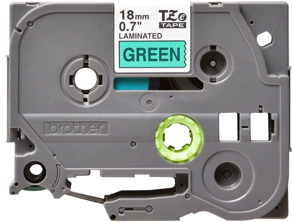 Cinta Laminada Brother Estandar Texto negro sobre cinta verde de 18mm x 8m