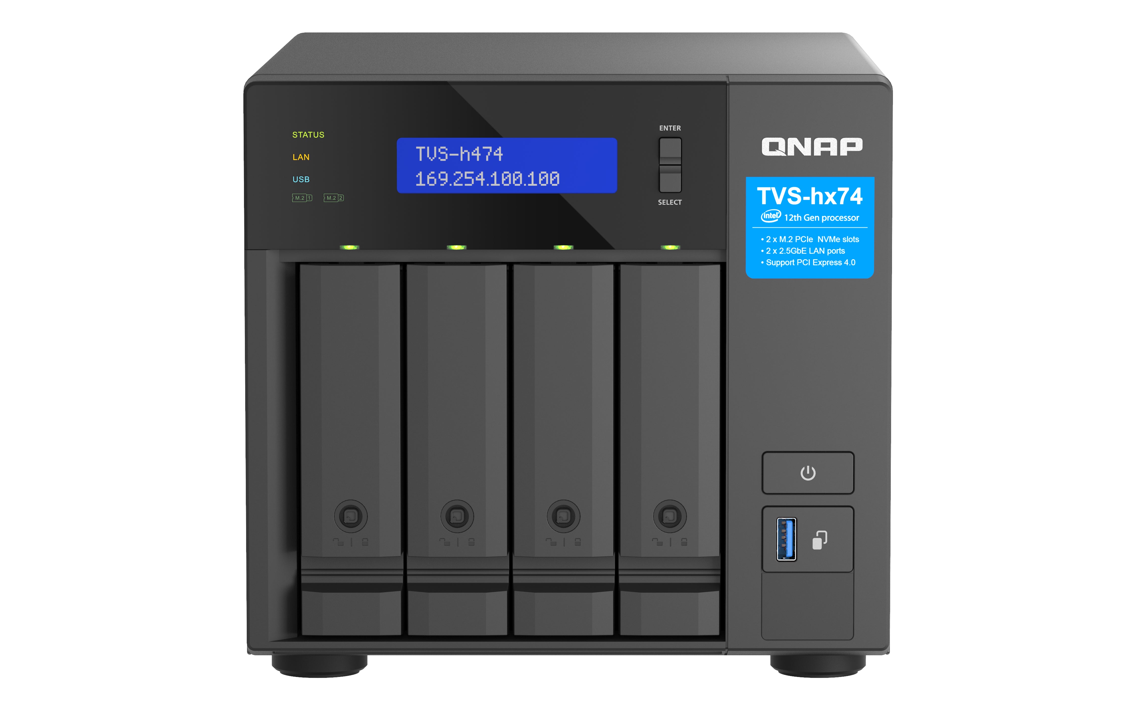NAS QNAP H474-PT-8G / 4 BAHIAS / TORRE / INTEL PENTIUM 2NUCLEOS 3.7GHZ / 8GB RAM DDR4 / M.2 22802 / LAN 2,5GBE2 / WAKE ON LAN / PCIE 2 / USB 3.23 / HDMI1 / HOT SWAP / NO INCLUYE DISCOS