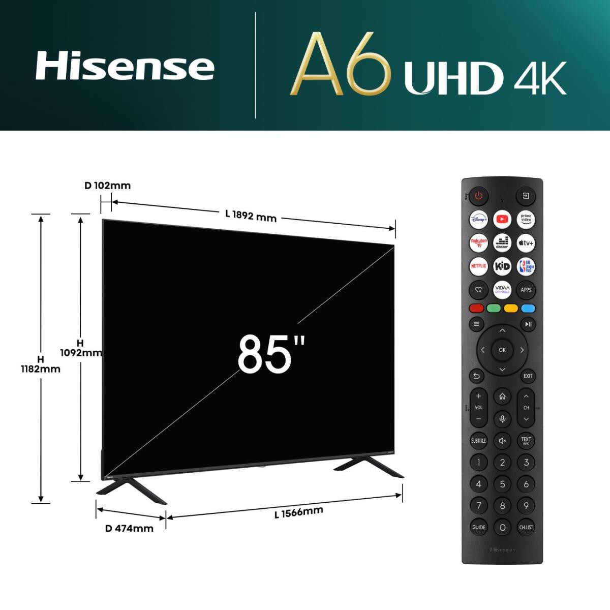 Hisense 85A6N 2.16 m (85") 4K Ultra HD Smart TV Wifi Negro 400 cd / m²