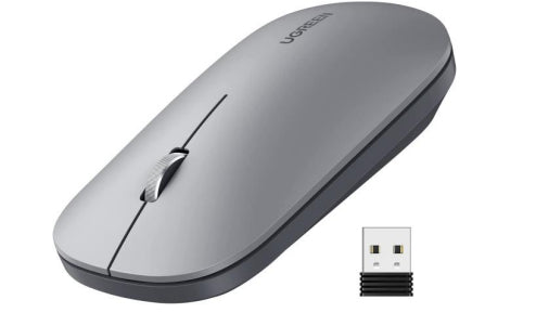 Mouse inalámbrico 2.4 GHz | Ultra Delgado y Silencioso | DPI 1000/1600/2000/4000 (Ajustable) | Alcance 10m | Scroll de Aluminio | Adaptable a diferentes superficies | Diseño suave al tacto | Contiene Receptor USB | Color Gris.