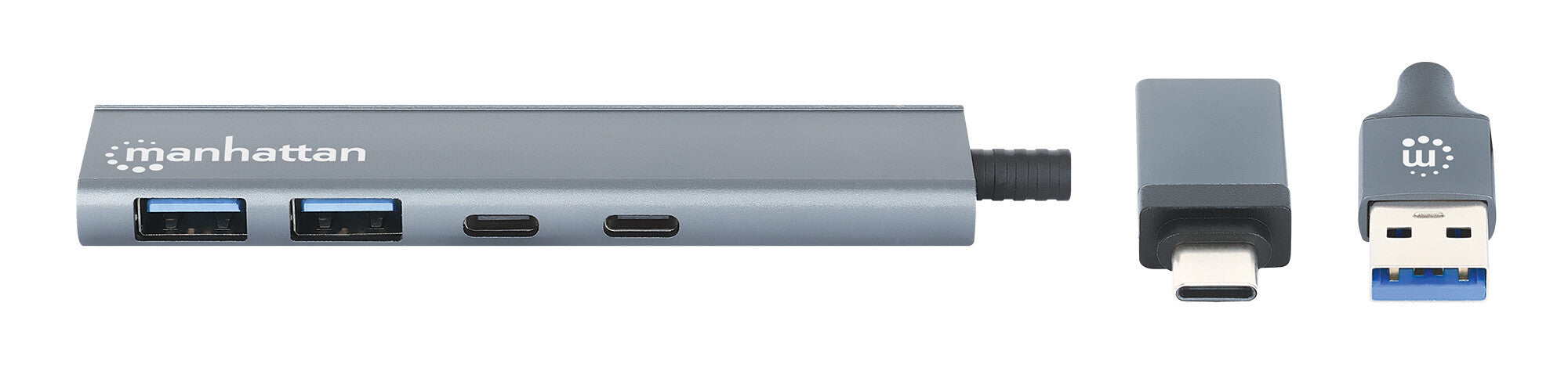 Manhattan Conector adaptable de USB-A macho a USB-C macho, dos puertos USB-C hembra y dos puertos USB-A hembra, USB SuperSpeed a 5 Gbps (USB 3.2 Gen 1), alimentación por bus, aluminio, gris espacial